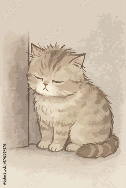 Fototapeta A cat is sitting on the floor with sleepy face