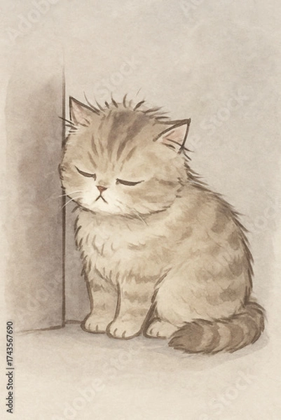 Fototapeta A cat is sitting on the floor with sleepy face