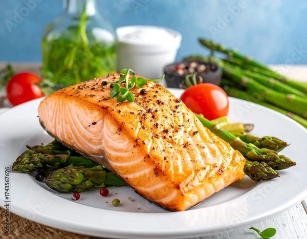 Obraz Roasted salmon fillet with asparagus and tomatoes