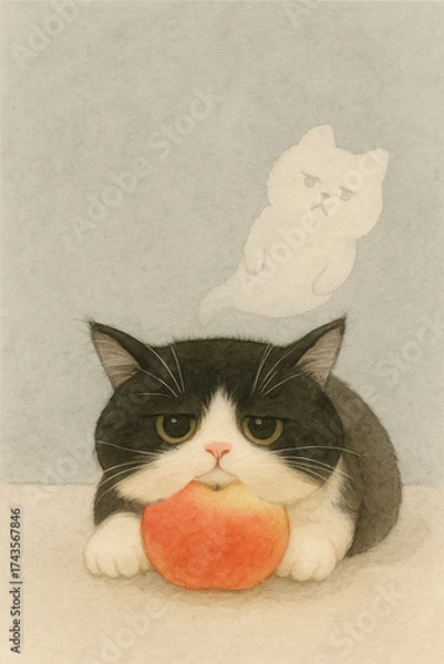 Fototapeta A cat is laying down on an apple