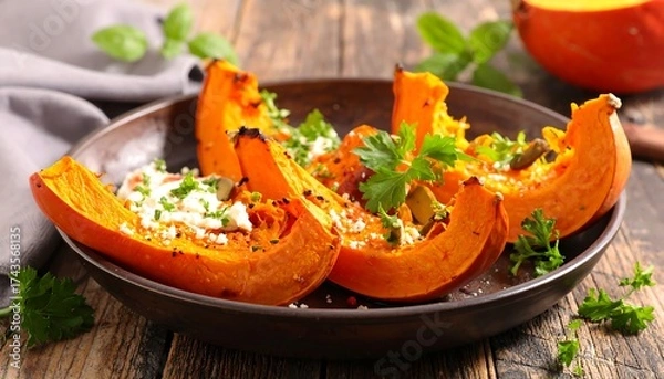 Obraz Roasted pumpkin slices with creamy topping