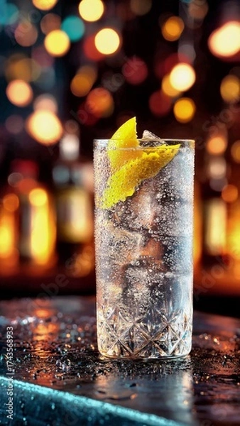 Fototapeta Gin and tonic with lemon twist and ice, sparkling with bubbles on a wet bar counter against colorful bokeh lights, evoking refreshing nightlife and happy hour vibes