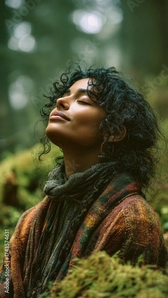 Fototapeta Woman with curly hair, eyes closed and face lifted, finding calm and spiritual connection in a lush green forest, embracing nature, mindfulness and inner peace