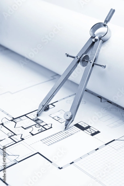 Obraz Drawing Compass on Blueprint Floorplans