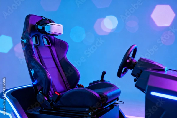 Fototapeta Virtual reality gaming setup with racing seat
