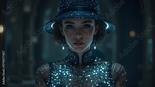 Fototapeta Futuristic Cyberpunk Woman with Glowing LED Outfit and Hat – Sci-Fi Portrait in Neon Light