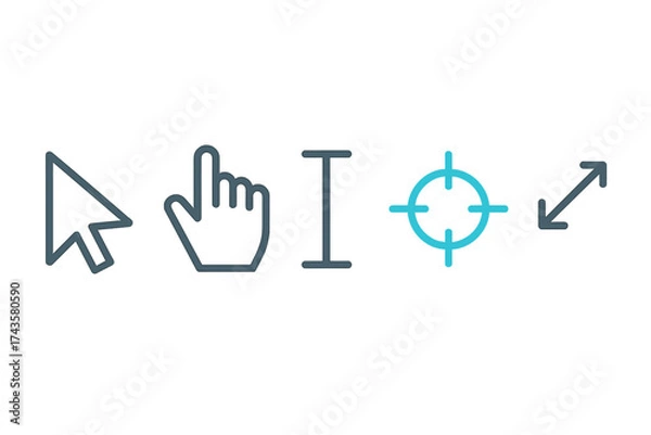 Fototapeta Essential computer interface cursor symbols including pointer, hand, text input, and resize arrows