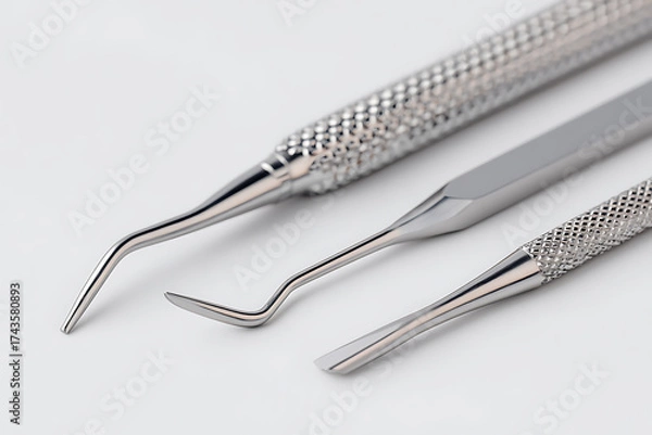 Fototapeta 白背景に配置された歯科用ピンセットとスケーラーのクローズアップ
