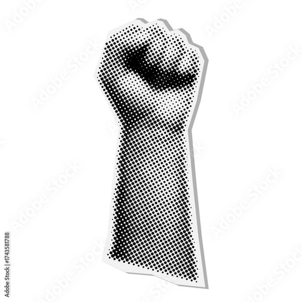 Fototapeta Dotted male hand, raised fist in halftone, symbol of strength and protest, pop art and retro comic style, black and white vintage vector illustration EPS10
