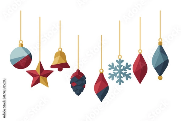 Obraz Collection of hanging geometric Christmas ornaments including star, bell, snowflake, and baubles