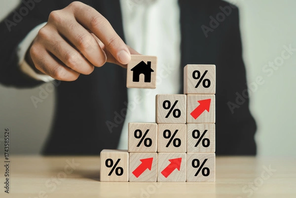 Fototapeta Real estate market growth concept with house icon on wooden block and percentage increase chart trend