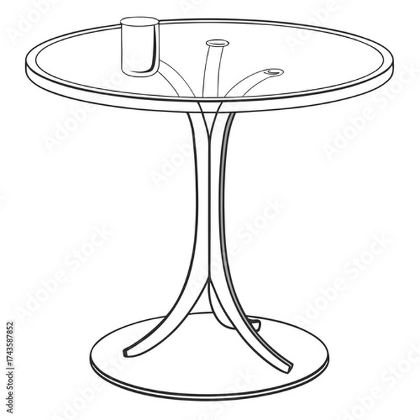 Obraz Modern minimalist line art drawing of a round glass top table with a unique pedestal base and a cup
