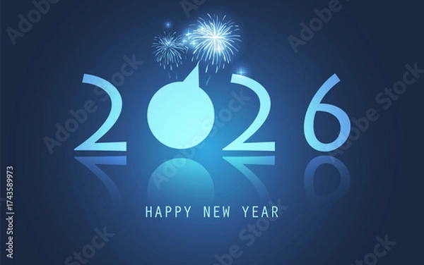 Fototapeta Dark Blue New Year Card Template with Brightly Glowing Fireworks Design - 2026 - Reflective Bright Banner, Typography with 3D Effect in Editable Vector Format