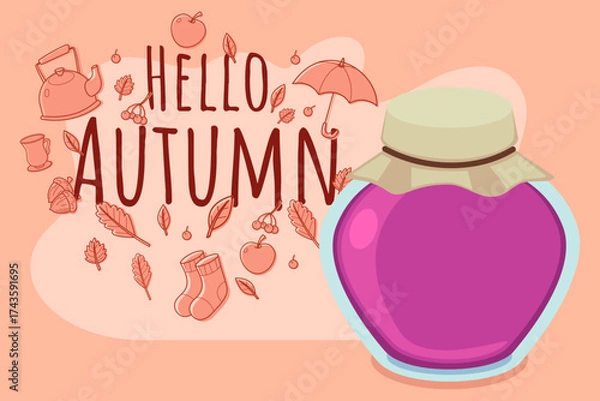 Fototapeta Colorful jar of jam in front of autumn-themed decorations. Leaves, fruit, and cozy items like socks, capturing warmth and essence of season