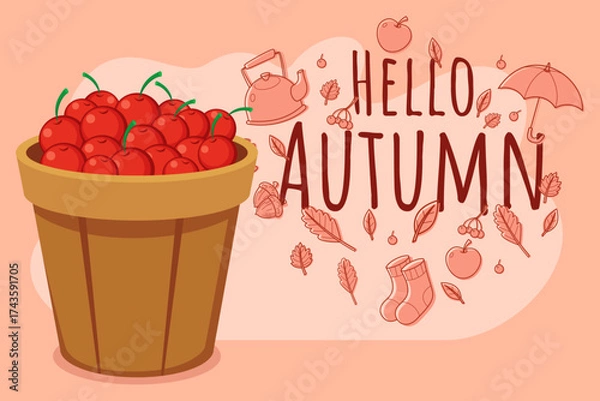 Fototapeta Basket filled with red apples, surrounded by illustrations of autumn leaves, kettle, umbrella, and cozy socks. Fall season concept