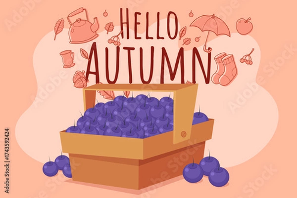 Fototapeta Wooden basket filled with fresh blueberries against warm autumn-themed background. Festive elements like leaves and seasonal items inviting change of season