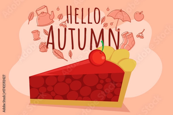 Fototapeta Slice of cherry pie with vibrant autumn theme. Various autumn elements surrounding pie, highlighting cozy season and inviting autumn activities