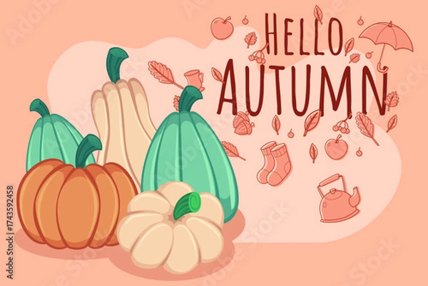 Fototapeta Brightly colored pumpkins arranged in varying sizes and shapes against background with autumn leaves, apples, and playful greeting for season