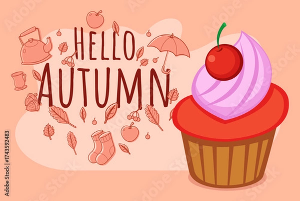 Fototapeta Brightly colored cupcake against pink background with autumn-themed elements: leaves and seasonal symbols, capturing festive vibe