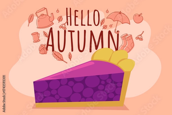 Fototapeta Colorful piece of pie in vibrant purple against autumn-themed background. Leaves, teapot, and cozy items reflecting warm charm of season