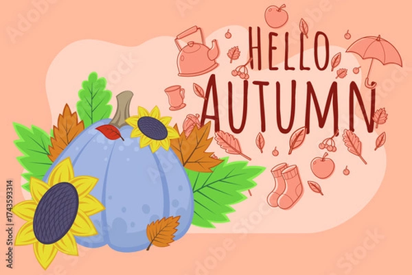 Fototapeta Colorful autumn scene with blue pumpkin, sunflowers, leaves, and seasonal icons like teapot and umbrella. Message Hello Autumn standing out against warm background
