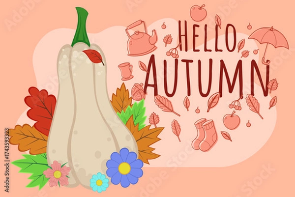 Fototapeta Decorative design of butternut squash, colorful flowers, and autumn leaves against peach background. Seasonal elements like umbrellas and socks hinting at fall fun