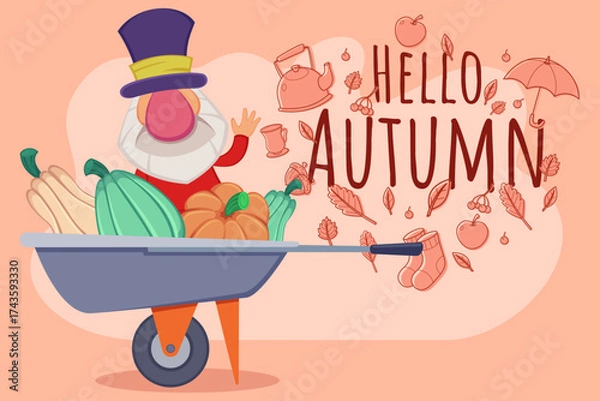 Fototapeta Cheerful character wearing top hat pushing wheelbarrow filled with pumpkins and squash. against background with autumn leaves, teapot, and umbrella, celebrating season