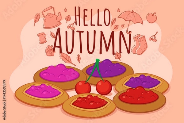 Fototapeta Vibrant display of colorful fruit pies on pastel background. Pies adorned with cherries. Arrival of fall concept