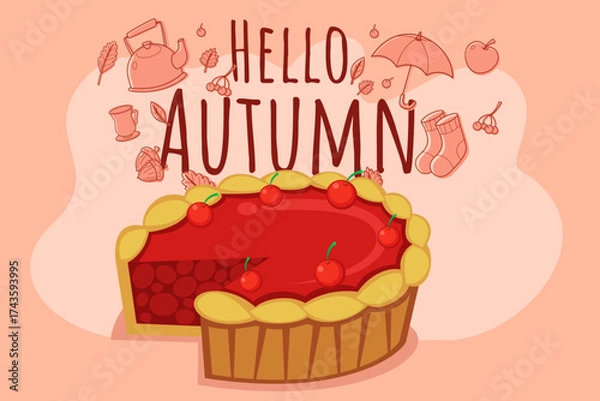 Fototapeta Vibrant pie on colorful background with cherries on top. Autumn-themed elements like leaves and boots surrounding pie, celebrating fall season