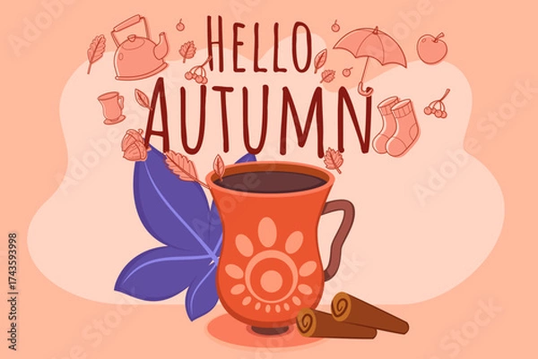 Fototapeta Bright illustration of steaming cup of coffee with decorative elements like leaves, umbrellas, and cozy items. Arrival of autumn concept