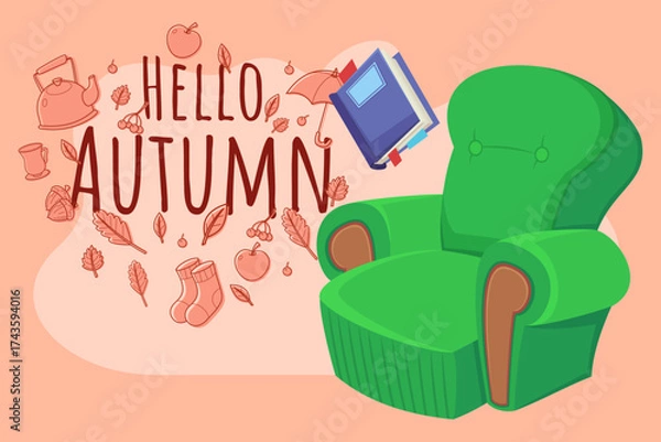Fototapeta Bright green armchair welcoming autumn season. Surrounding elements including leaves, apples, and cozy socks, creating warm, inviting atmosphere for fall