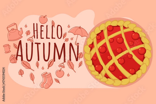 Fototapeta Bright autumn decorations with pie surrounded by fall elements. Fruits, leaves, and cozy items on background. Perfect for festive celebrations