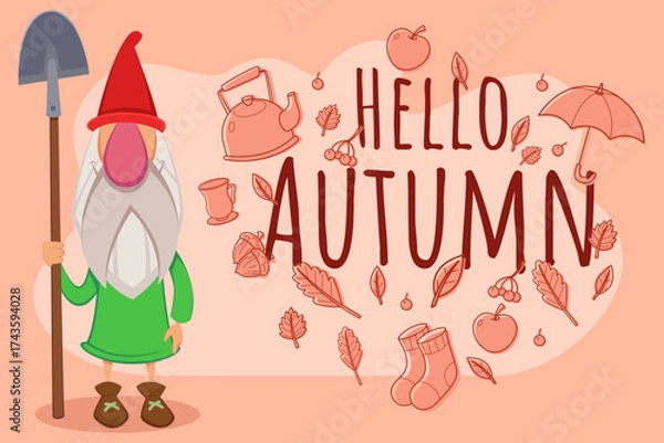 Fototapeta Cheerful gnome standing and holding shovel, greeting autumn season against background with fall leaves, teapot, and cozy items. Autumn concept