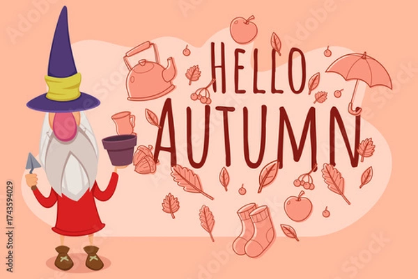 Fototapeta Whimsical gnome standing cheerfully against soft background, holding gardening pot and tool. Words Hello Autumn nearby with falling leaves and seasonal symbols