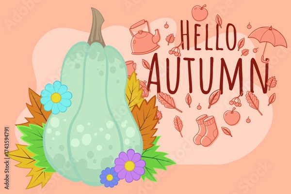 Fototapeta Large green pumpkin among colorful autumn leaves and flowers. Background with playful autumn elements welcoming season of fall