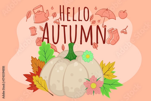 Fototapeta Pink background with large white pumpkin surrounded by colorful autumn leaves and flowers with seasonal icons like umbrella, teapot, and boots on background