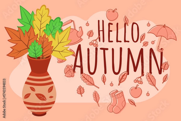 Fototapeta Vibrant illustration of autumn leaves arranged in decorative vase against background with seasonal elements like fruits, socks, and umbrella, creating warm autumn atmosphere