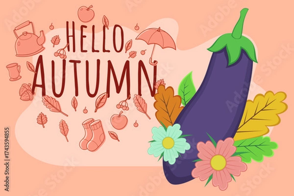 Fototapeta Bright and colorful illustration celebrating autumn. Eggplant surrounded by flowers and leaves set against playful background with seasonal elements like umbrellas and cozy socks