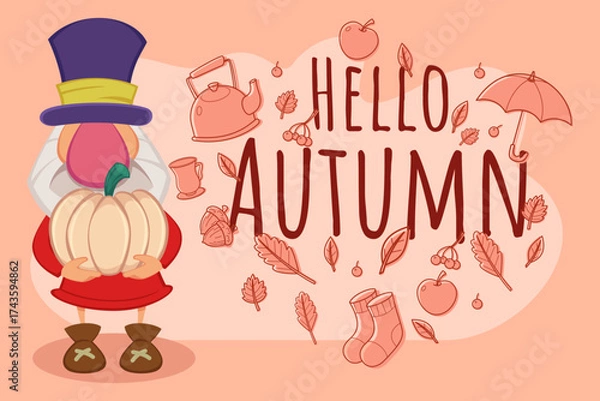 Fototapeta Colorful character in hat holding pumpkin against warm background, surrounded by autumn leaves, apples, and umbrellas, creating festive atmosphere