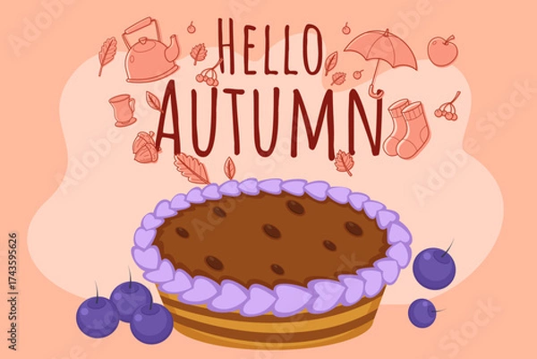 Fototapeta Cozy scene with brown pie decorated with lavender frosting. Autumn leaves, kettle, and playful icons like umbrellas and boots celebrating fall season