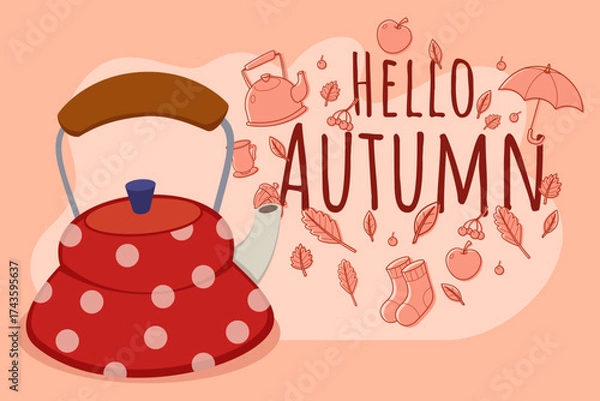 Fototapeta Cheerful red polka-dotted kettle against pink background, surrounded by autumn leaves, fruits, and cozy items. Welcoming fall atmosphere concept