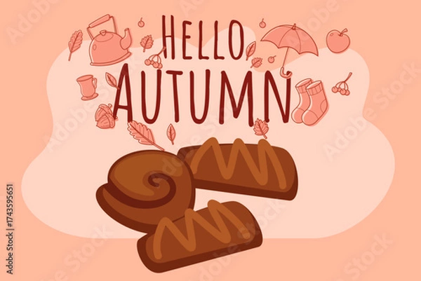Fototapeta Colorful artwork of autumn theme with cozy elements like leaves, kettle, and warm treats. Fall nostalgia concept