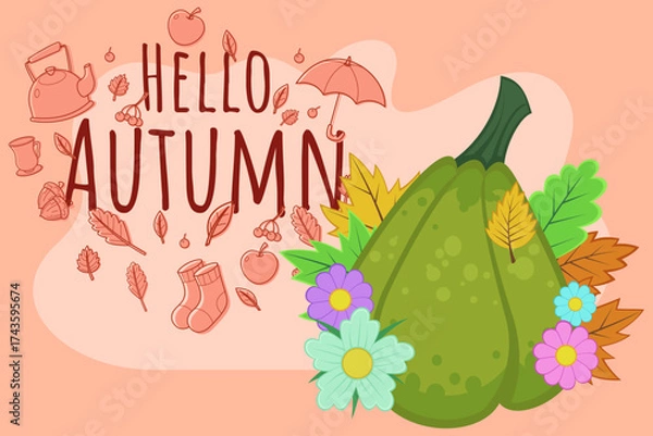 Fototapeta Bright and cheerful autumn scene with green pumpkin surrounded by colorful leaves, flowers, and playful doodles. Joy of fall concept