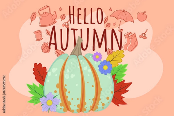 Fototapeta Cheerful design with large green pumpkin surrounded by vibrant leaves and flowers. Seasonal icons like umbrellas and boots highlighting arrival of fall, creating festive mood