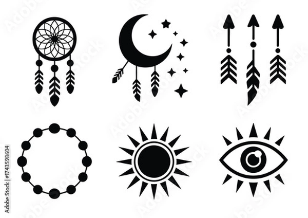 Obraz Set of 6 boho dreamcatcher moon arrows sun eye circle vector illustrations scalable eps icons silhouette vector illustration white background