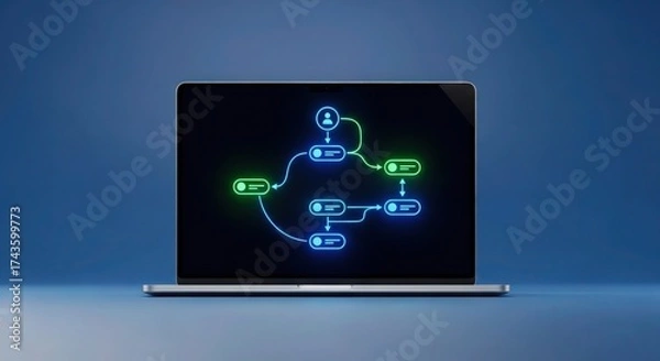 Fototapeta Streamlined workflow on laptop screen showcases efficient business process, visualize project management and strategic planning with vibrant neon flow chart, perfect for tech