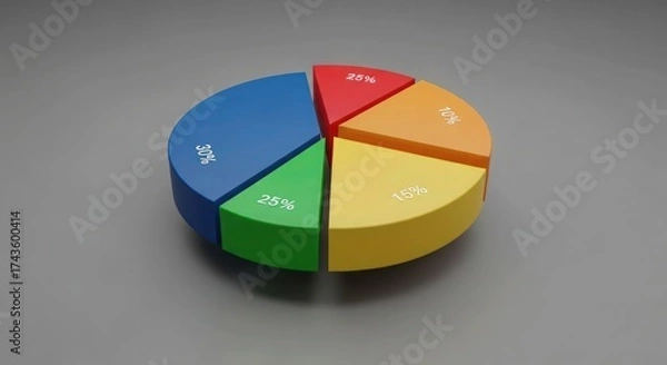 Fototapeta Dynamic 3D pie chart showing market share analysis with a visual breakdown of percentages for business presentations and financial reports, perfect for data storytelling