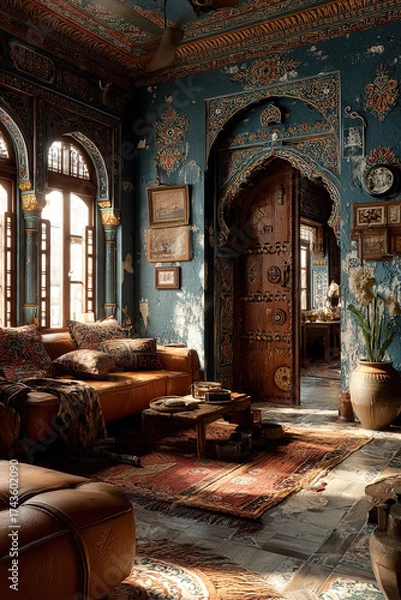 Obraz An Indian interior filled with rich textures and vibrant colors in a cozy living space