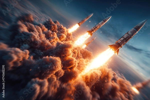 Obraz Military projectiles engage in aggressive flight amidst a dramatic sky filled with clouds