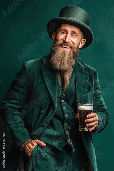 Obraz Cheerful man in green bowler hat and suit celebrating St Patricks Day with a beer in hand